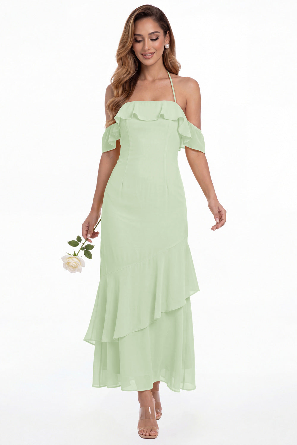 Sage Green Off Shoulder Chiffon Ruffle A-Line Maxi Gown - Front View