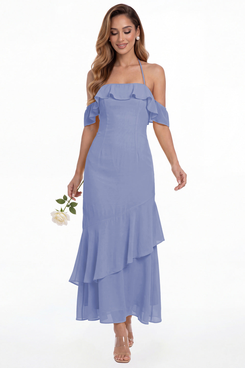 Steel Blue Off Shoulder Chiffon Ruffle A-Line Maxi Gown - Front View