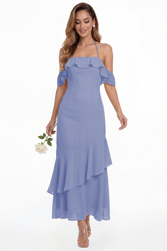 Steel Blue Off Shoulder Chiffon Ruffle A-Line Maxi Gown - Front View