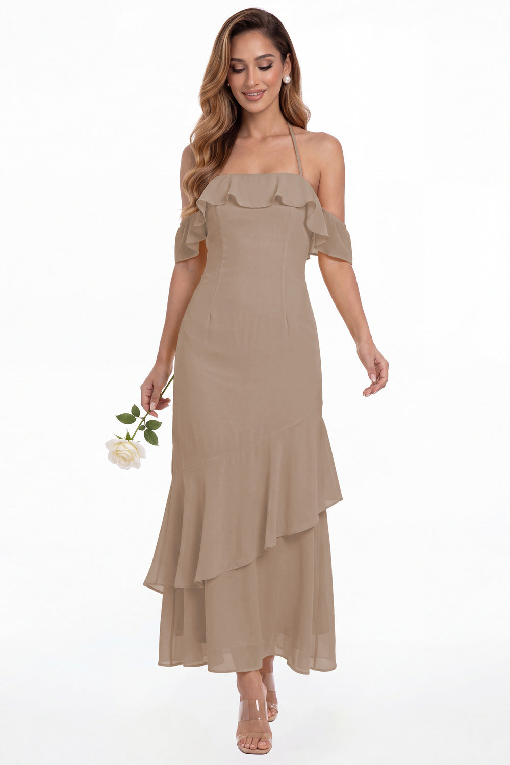 Taupe Off Shoulder Chiffon Ruffle A-Line Maxi Gown - Front View