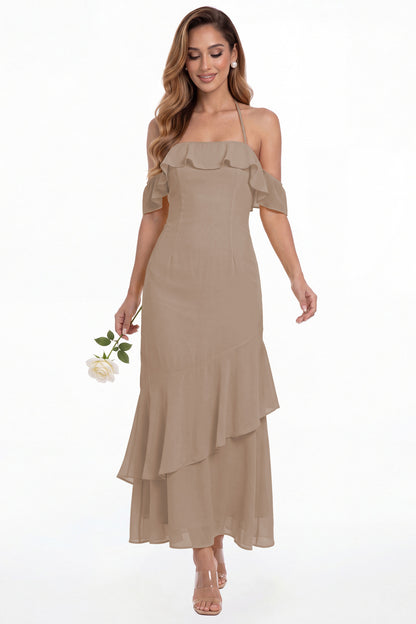Taupe Off Shoulder Chiffon Ruffle A-Line Maxi Gown - Front View