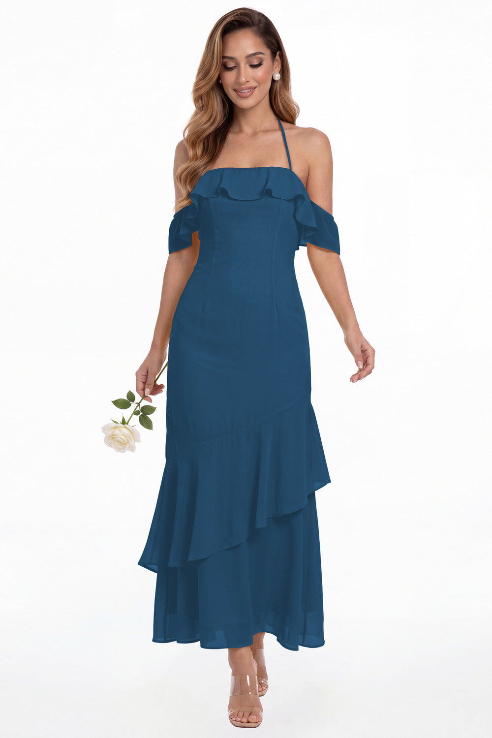 Teal Off Shoulder Chiffon Ruffle A-Line Maxi Gown - Front View