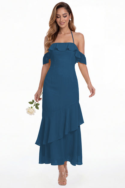 Teal Off Shoulder Chiffon Ruffle A-Line Maxi Gown - Front View