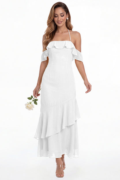 White Off Shoulder Chiffon Ruffle A-Line Maxi Gown - Front View