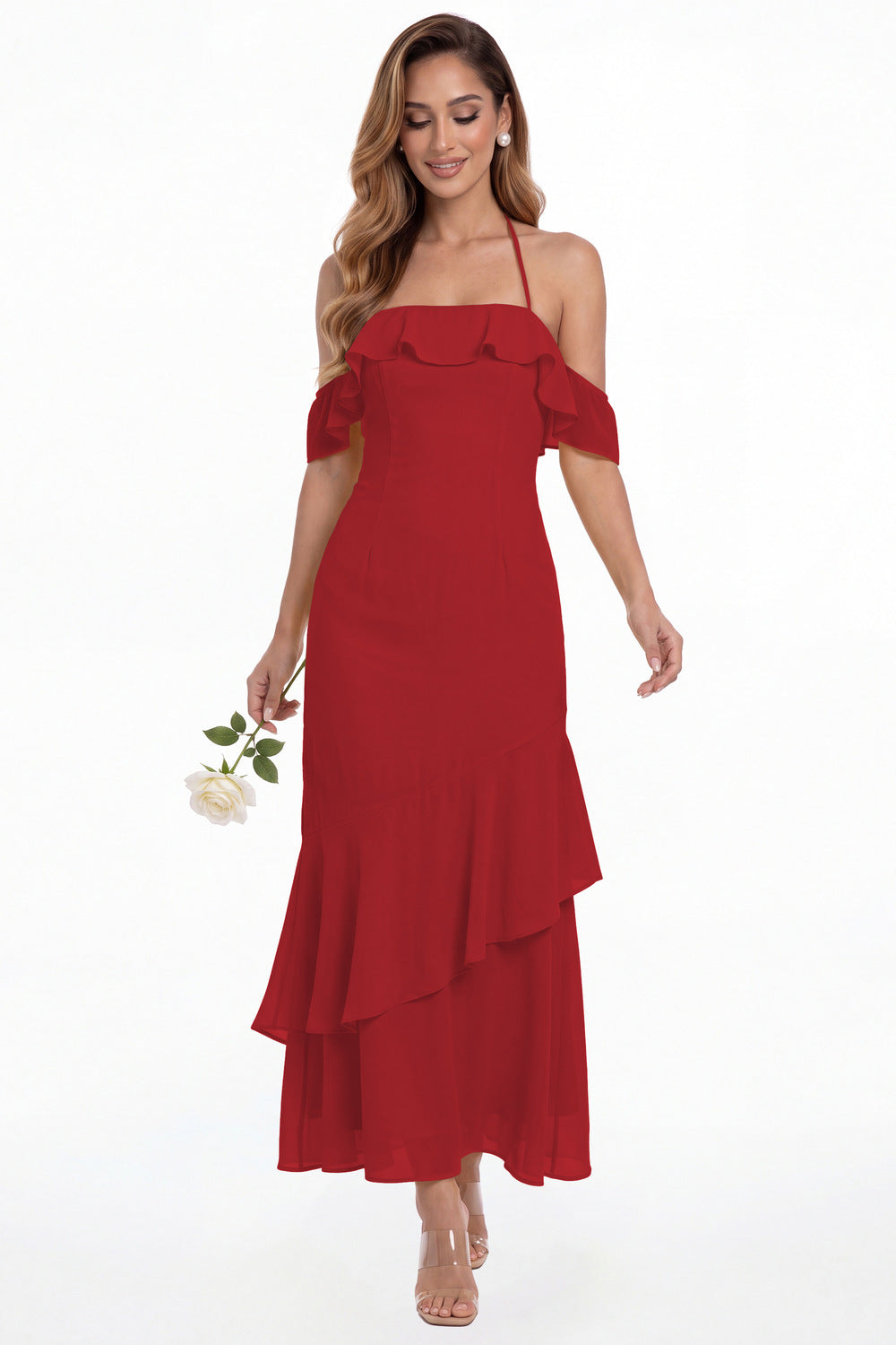 Wine Red Off Shoulder Chiffon Ruffle A-Line Maxi Gown - Front View