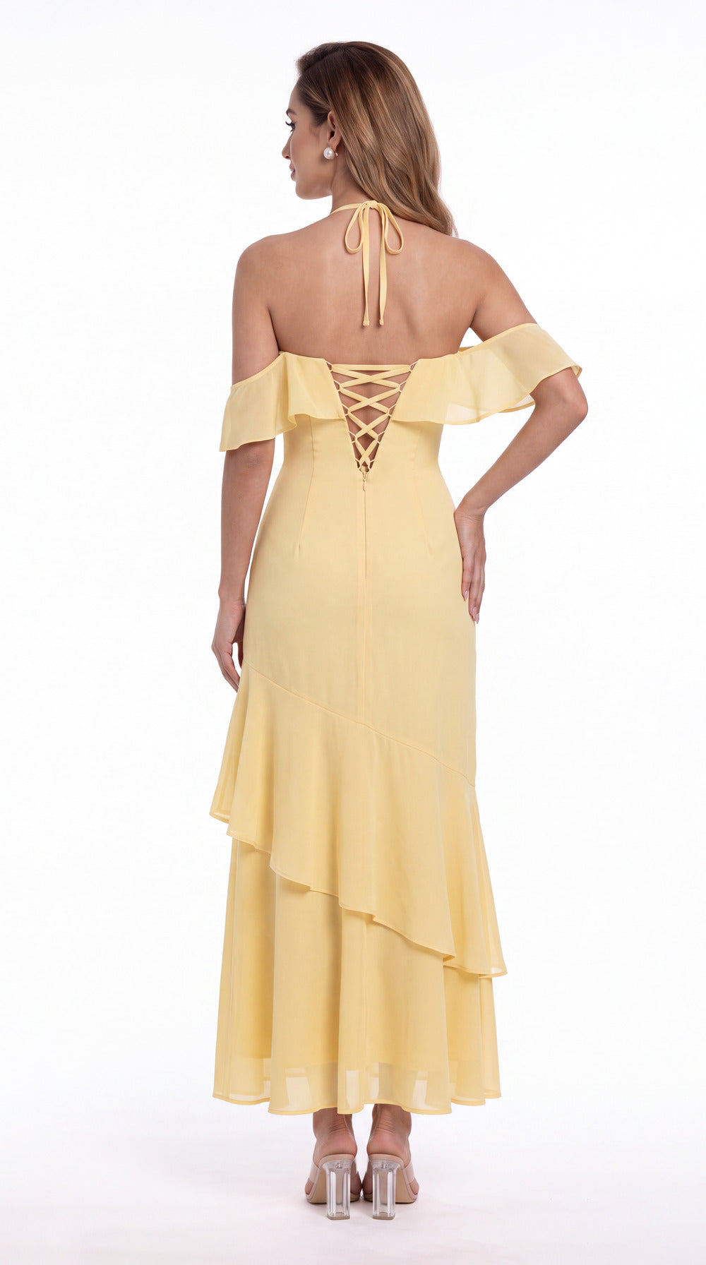 Off Shoulder Chiffon Ruffle A-Line Maxi Gown - Back View