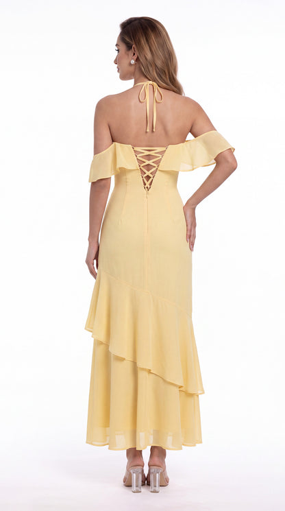 Off Shoulder Chiffon Ruffle A-Line Maxi Gown - Back View