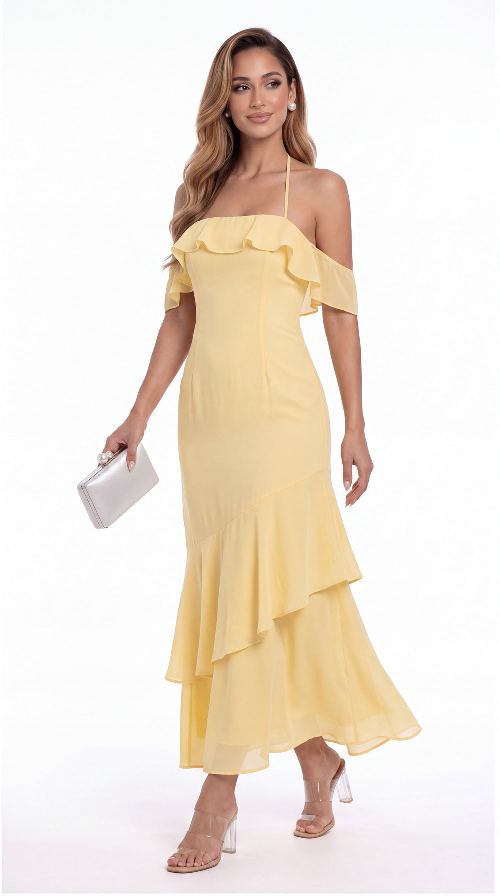 Off Shoulder Chiffon Ruffle A-Line Maxi Gown - Detail View 3