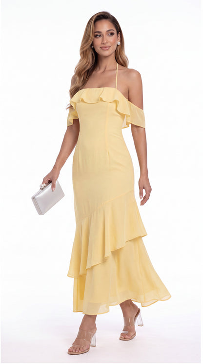 Off Shoulder Chiffon Ruffle A-Line Maxi Gown - Detail View 3