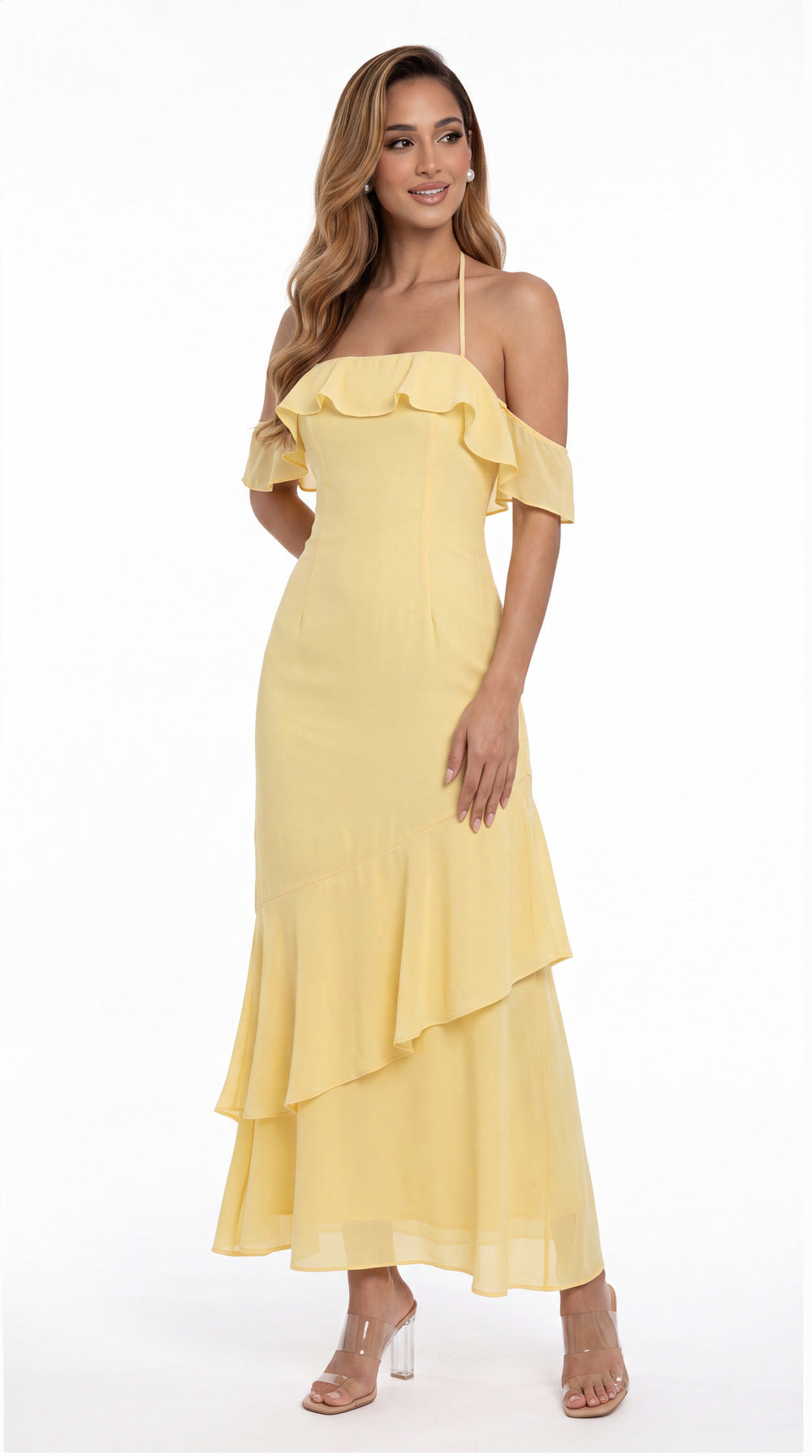 Off Shoulder Chiffon Ruffle A-Line Maxi Gown - Detail View 4