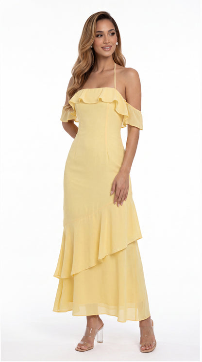 Off Shoulder Chiffon Ruffle A-Line Maxi Gown - Detail View 4