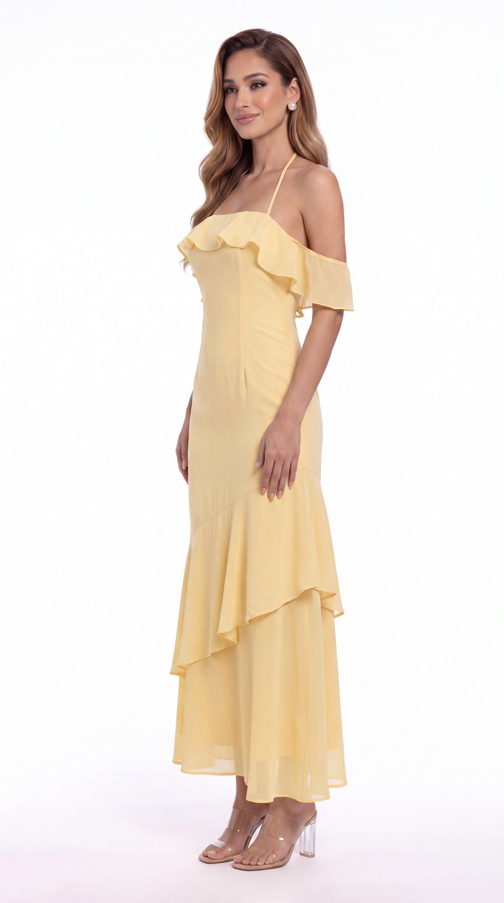 Off Shoulder Chiffon Ruffle A-Line Maxi Gown - Detail View 5