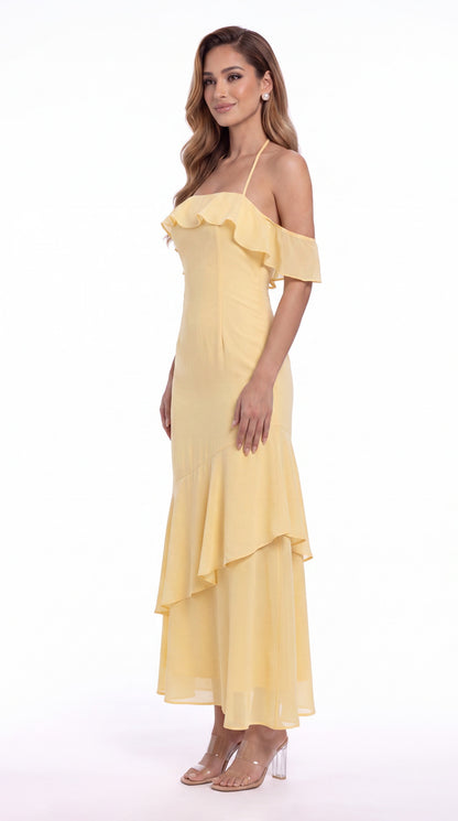 Off Shoulder Chiffon Ruffle A-Line Maxi Gown - Detail View 5
