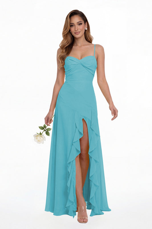 Aqua Blue Sweetheart Ruched Chiffon Ruffle Slit Maxi Gown - Front View