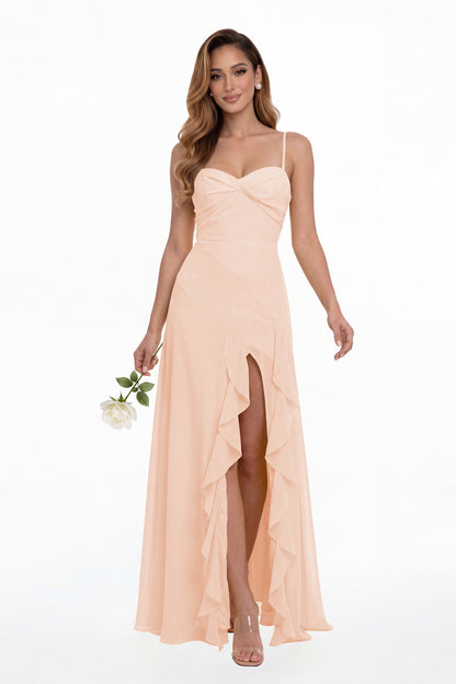 Blush Pink Sweetheart Ruched Chiffon Ruffle Slit Maxi Gown - Front View