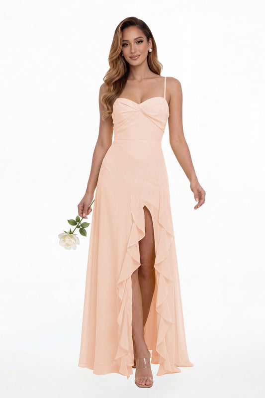 Blush Pink Sweetheart Ruched Chiffon Ruffle Slit Maxi Gown - Front View