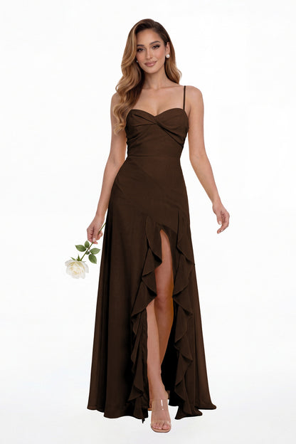 Brown Sweetheart Ruched Chiffon Ruffle Slit Maxi Gown - Front View
