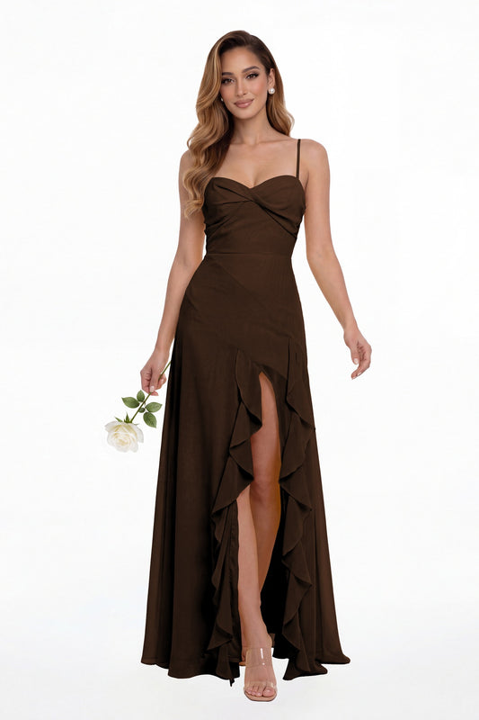 Brown Sweetheart Ruched Chiffon Ruffle Slit Maxi Gown - Front View