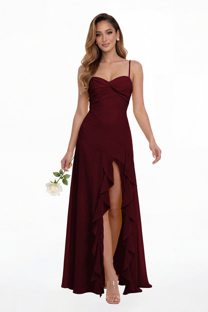 Burgundy Sweetheart Ruched Chiffon Ruffle Slit Maxi Gown - Front View