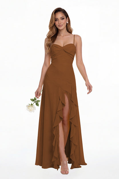 Burnt Orange Sweetheart Ruched Chiffon Ruffle Slit Maxi Gown - Front View