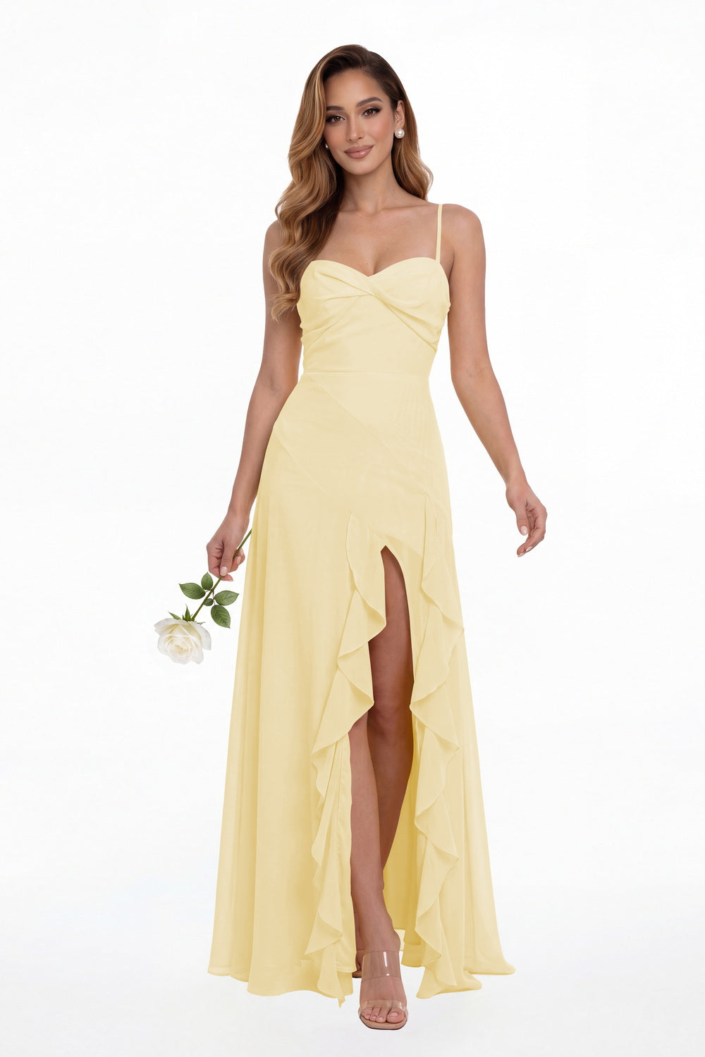 Butter Yellow Sweetheart Ruched Chiffon Ruffle Slit Maxi Gown - Front View