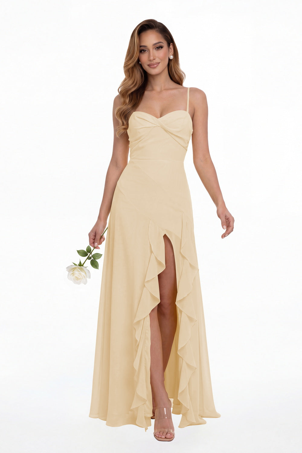 Champagne Sweetheart Ruched Chiffon Ruffle Slit Maxi Gown - Front View