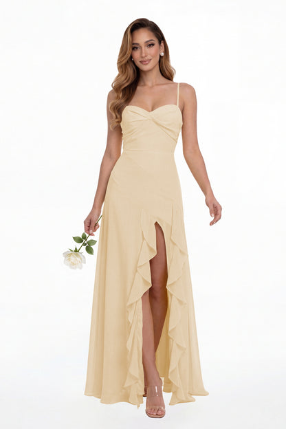 Champagne Sweetheart Ruched Chiffon Ruffle Slit Maxi Gown - Front View