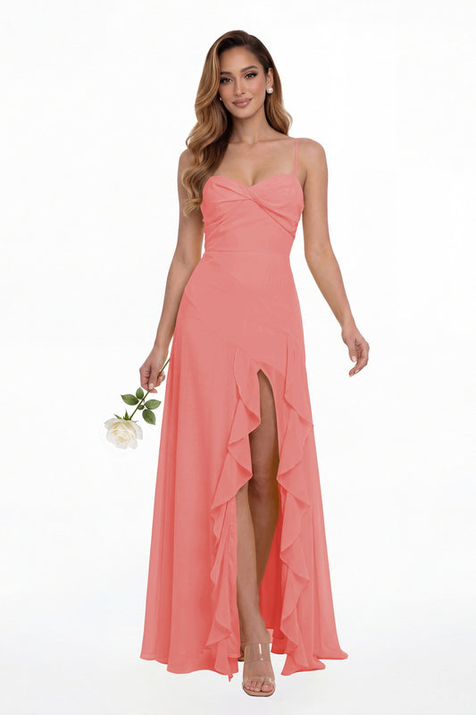 Coral Sweetheart Ruched Chiffon Ruffle Slit Maxi Gown - Front View