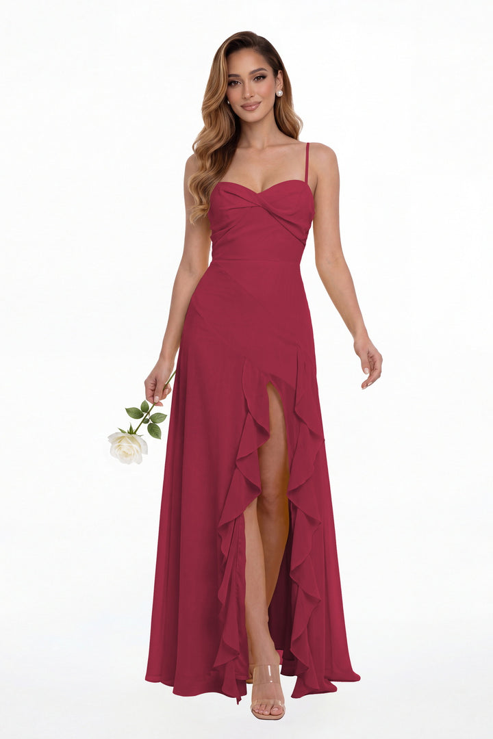 Desert Rose Sweetheart Ruched Chiffon Ruffle Slit Maxi Gown - Front View
