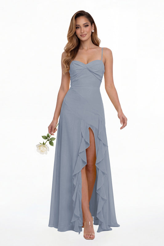 Dusty Blue Sweetheart Ruched Chiffon Ruffle Slit Maxi Gown - Front View