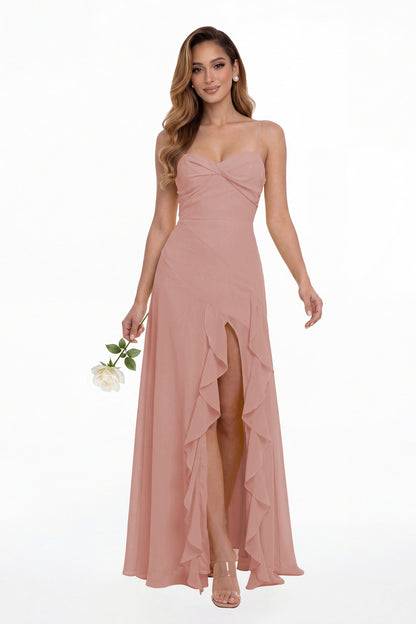 Dusty Rose Sweetheart Ruched Chiffon Ruffle Slit Maxi Gown - Front View