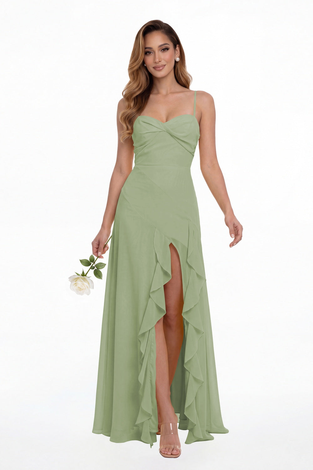 Dusty Sage Sweetheart Ruched Chiffon Ruffle Slit Maxi Gown - Front View