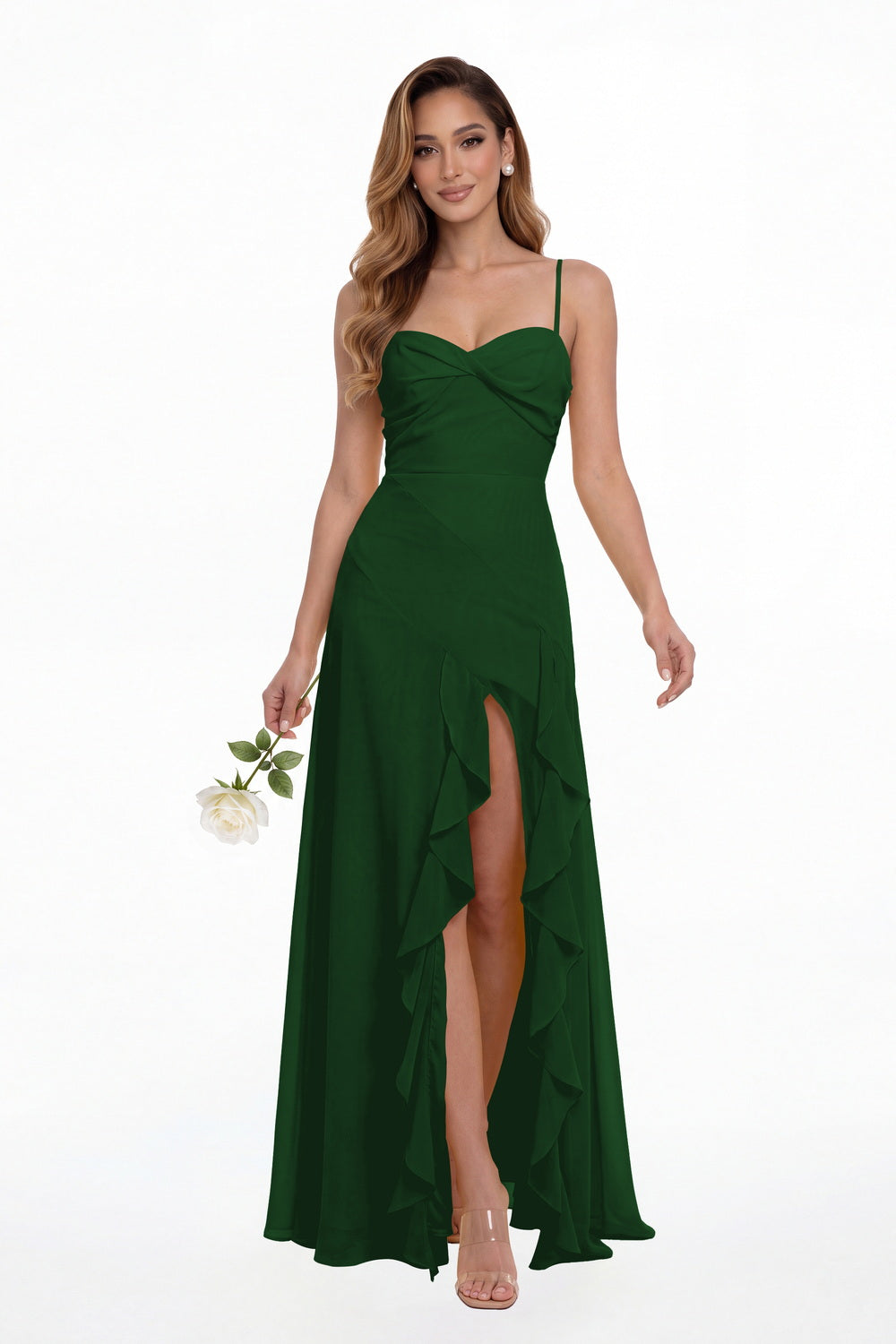 Emerald Green Sweetheart Ruched Chiffon Ruffle Slit Maxi Gown - Front View