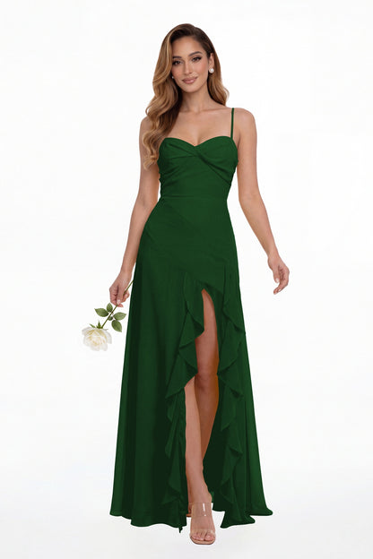 Emerald Green Sweetheart Ruched Chiffon Ruffle Slit Maxi Gown - Front View