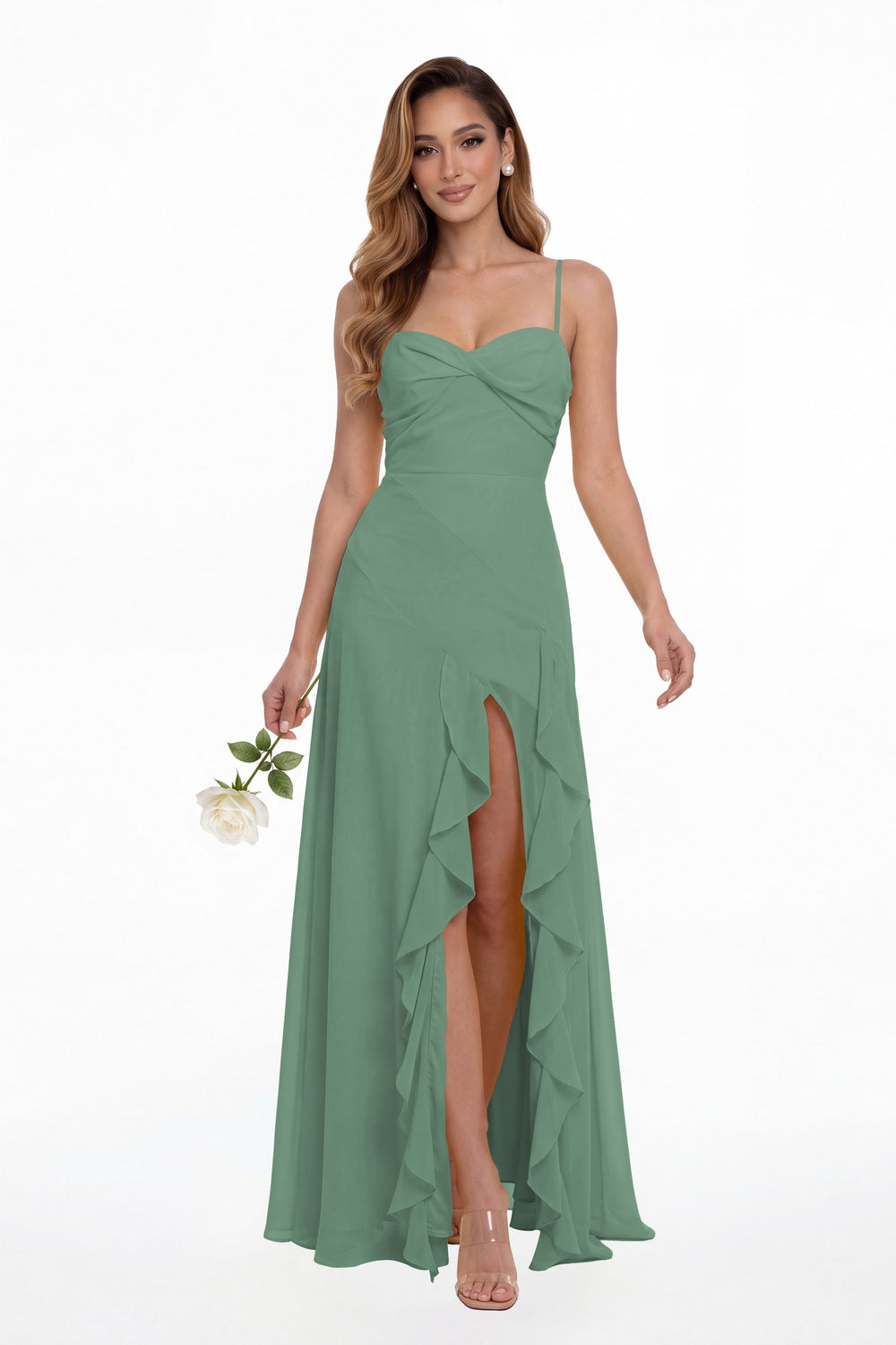 Eucalyptus Sweetheart Ruched Chiffon Ruffle Slit Maxi Gown - Front View