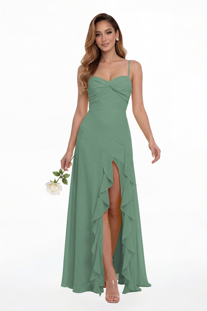 Eucalyptus Sweetheart Ruched Chiffon Ruffle Slit Maxi Gown - Front View