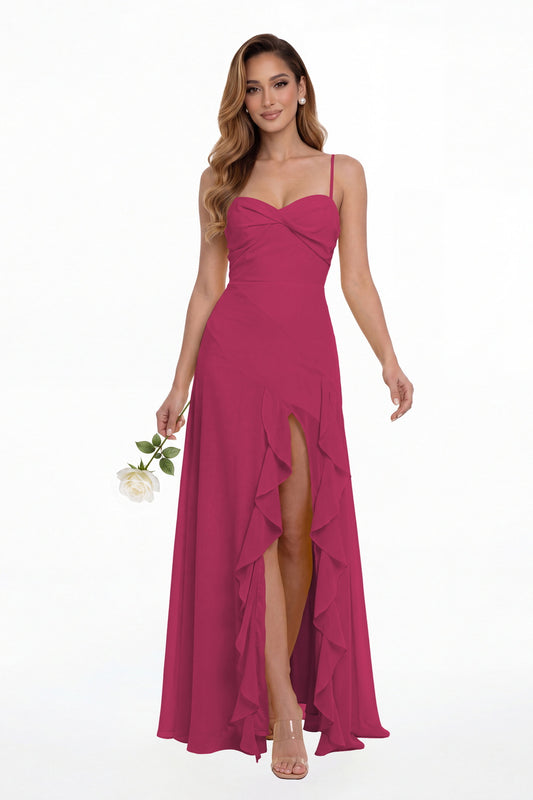 Fuchsia Sweetheart Ruched Chiffon Ruffle Slit Maxi Gown - Front View