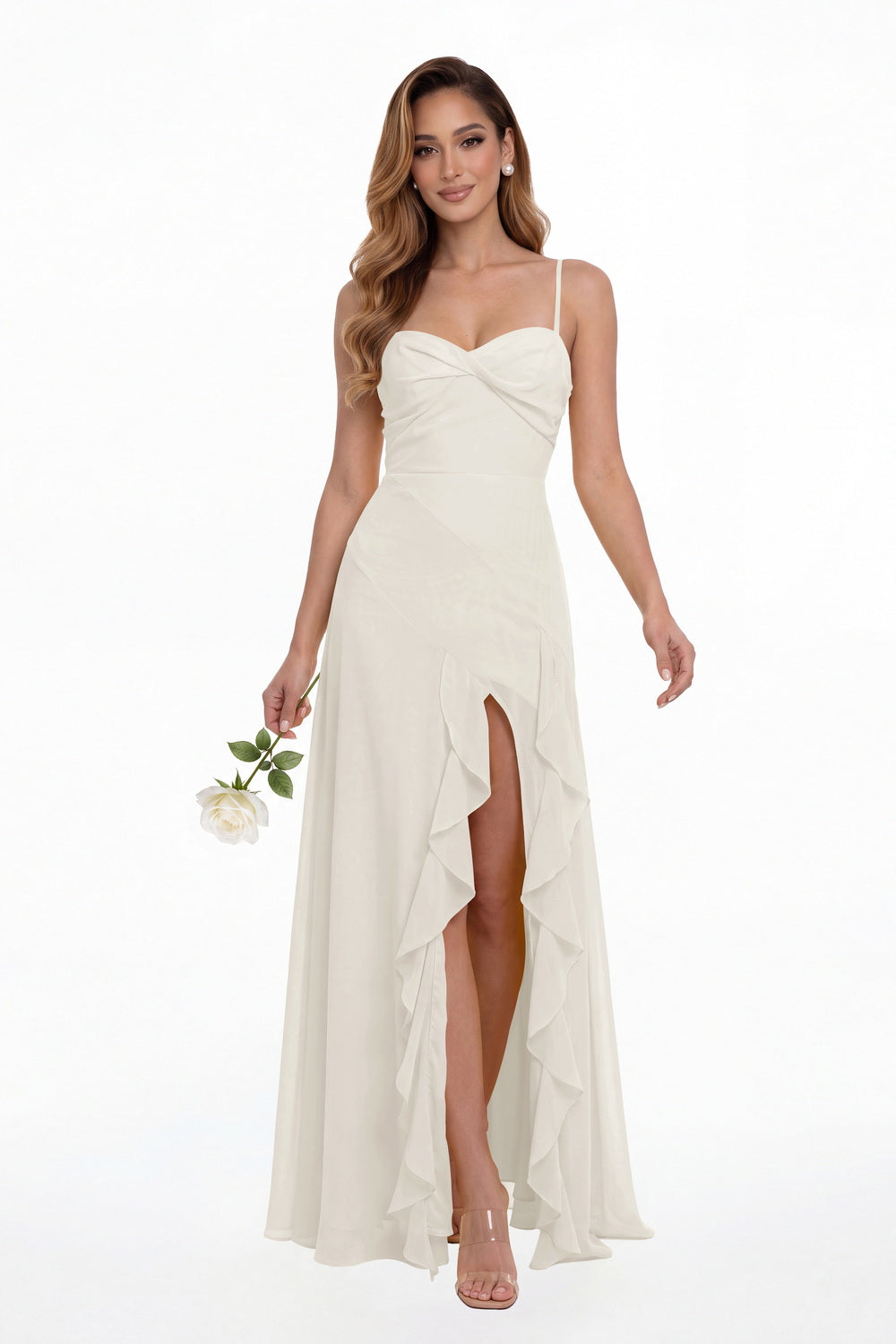 Ivory Sweetheart Ruched Chiffon Ruffle Slit Maxi Gown - Front View