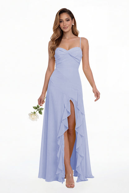 Lavender Sweetheart Ruched Chiffon Ruffle Slit Maxi Gown - Front View