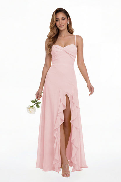 Light Pink Sweetheart Ruched Chiffon Ruffle Slit Maxi Gown - Front View