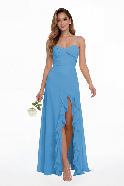 Ocean Blue Sweetheart Ruched Chiffon Ruffle Slit Maxi Gown - Front View