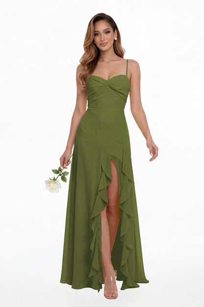 Olive Green Sweetheart Ruched Chiffon Ruffle Slit Maxi Gown - Front View