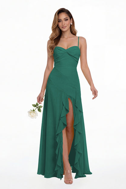 Peacock Sweetheart Ruched Chiffon Ruffle Slit Maxi Gown - Front View
