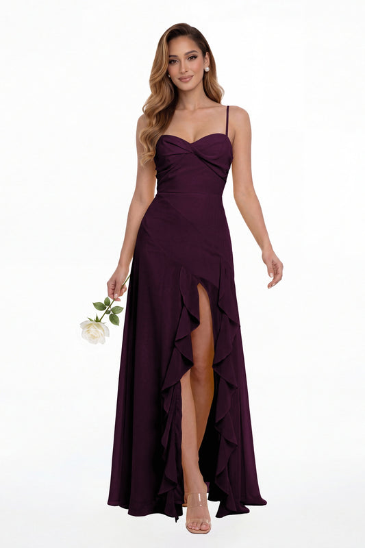 Plum Sweetheart Ruched Chiffon Ruffle Slit Maxi Gown - Front View