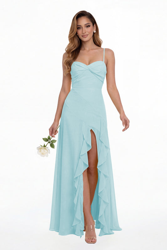 Powder Blue Sweetheart Ruched Chiffon Ruffle Slit Maxi Gown - Front View