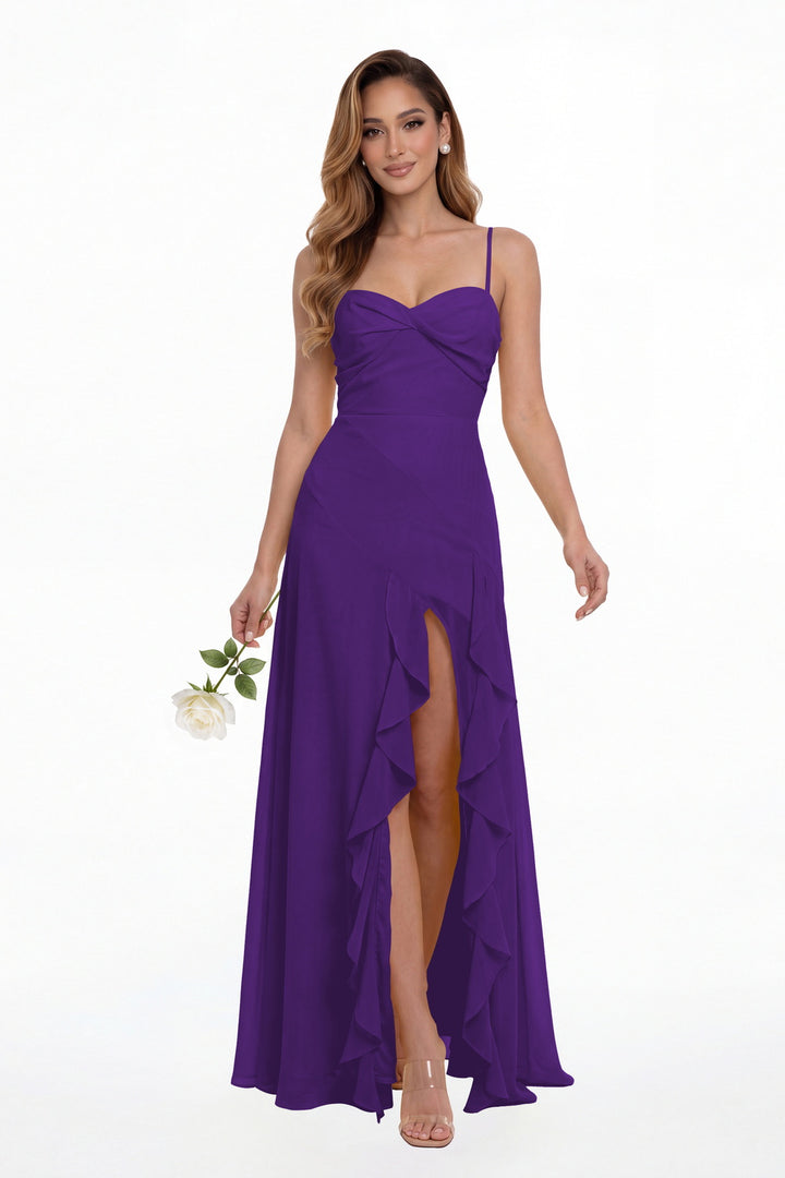 Purple Sweetheart Ruched Chiffon Ruffle Slit Maxi Gown - Front View