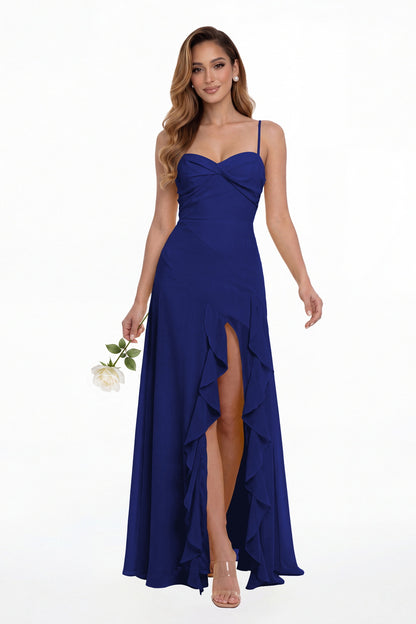 Royal Blue Sweetheart Ruched Chiffon Ruffle Slit Maxi Gown - Front View