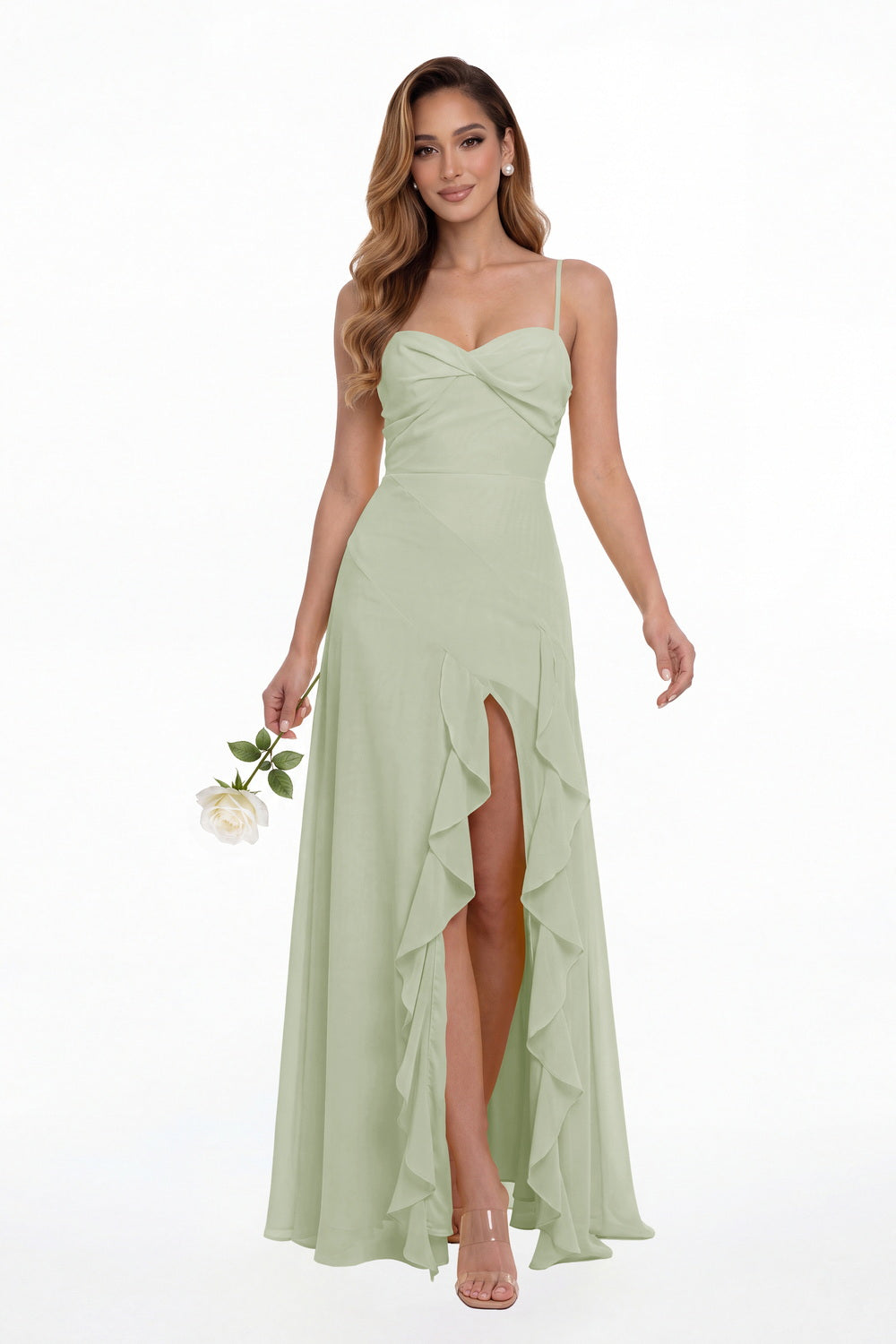 Sage Green Sweetheart Ruched Chiffon Ruffle Slit Maxi Gown - Front View