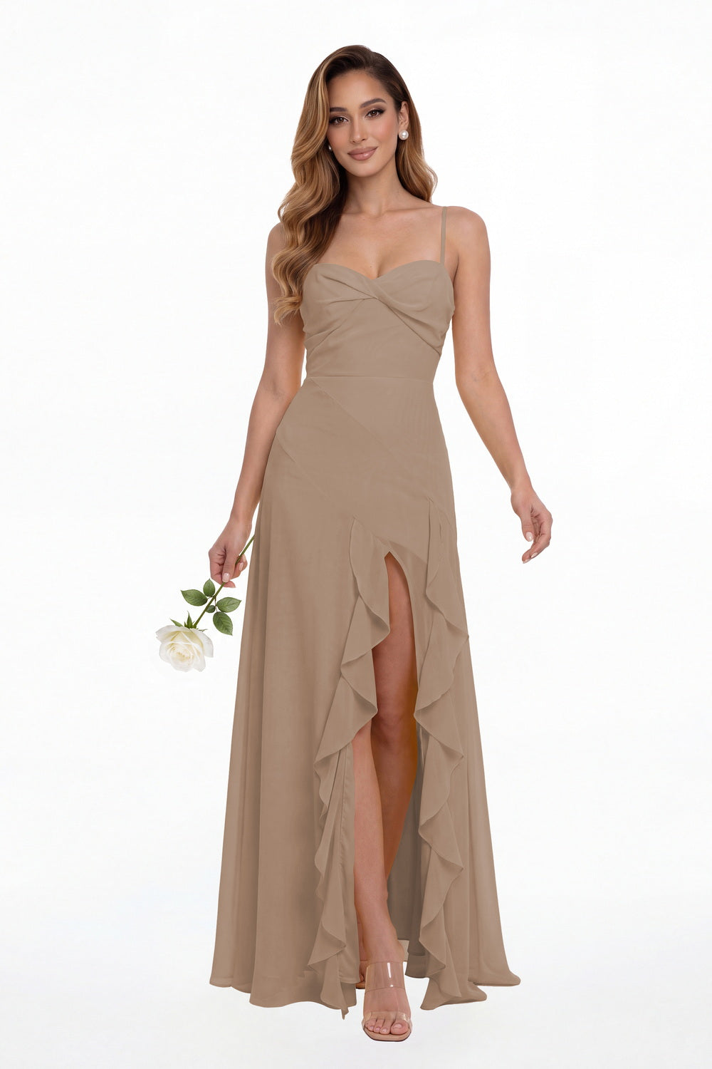 Taupe Sweetheart Ruched Chiffon Ruffle Slit Maxi Gown - Front View
