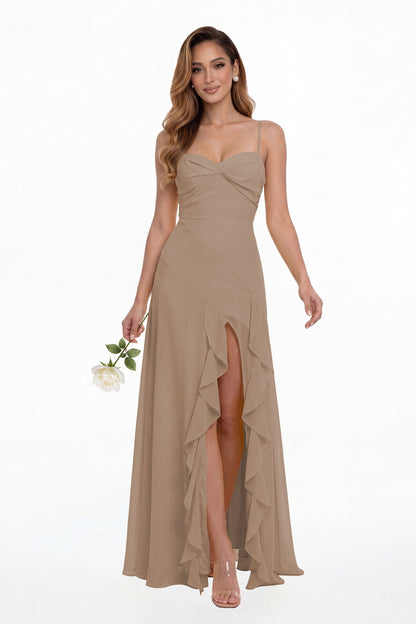Taupe Sweetheart Ruched Chiffon Ruffle Slit Maxi Gown - Front View